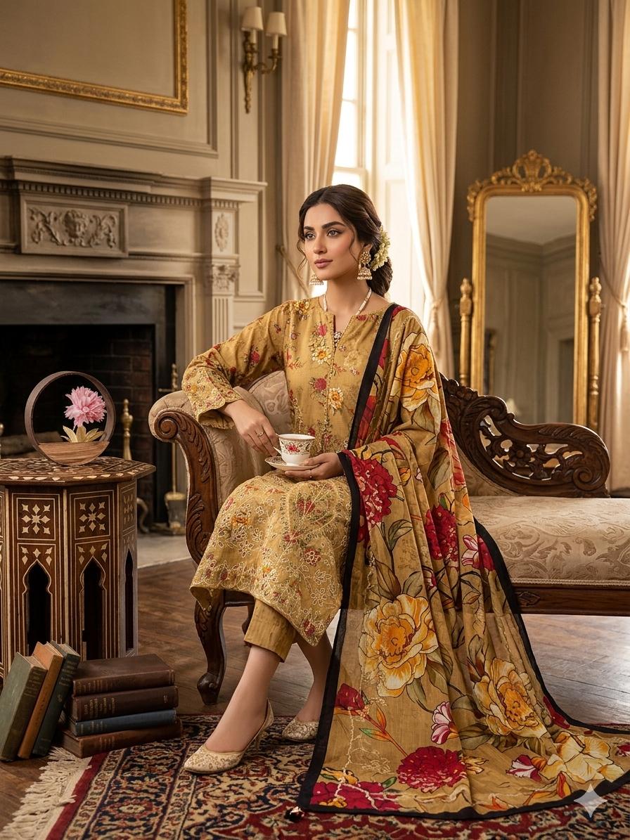3PC Premium Lawn Digital Print Suit – Poring Daman Embroidered Shirt, Printed & Embroidered Dupatta & Matching Trouser
