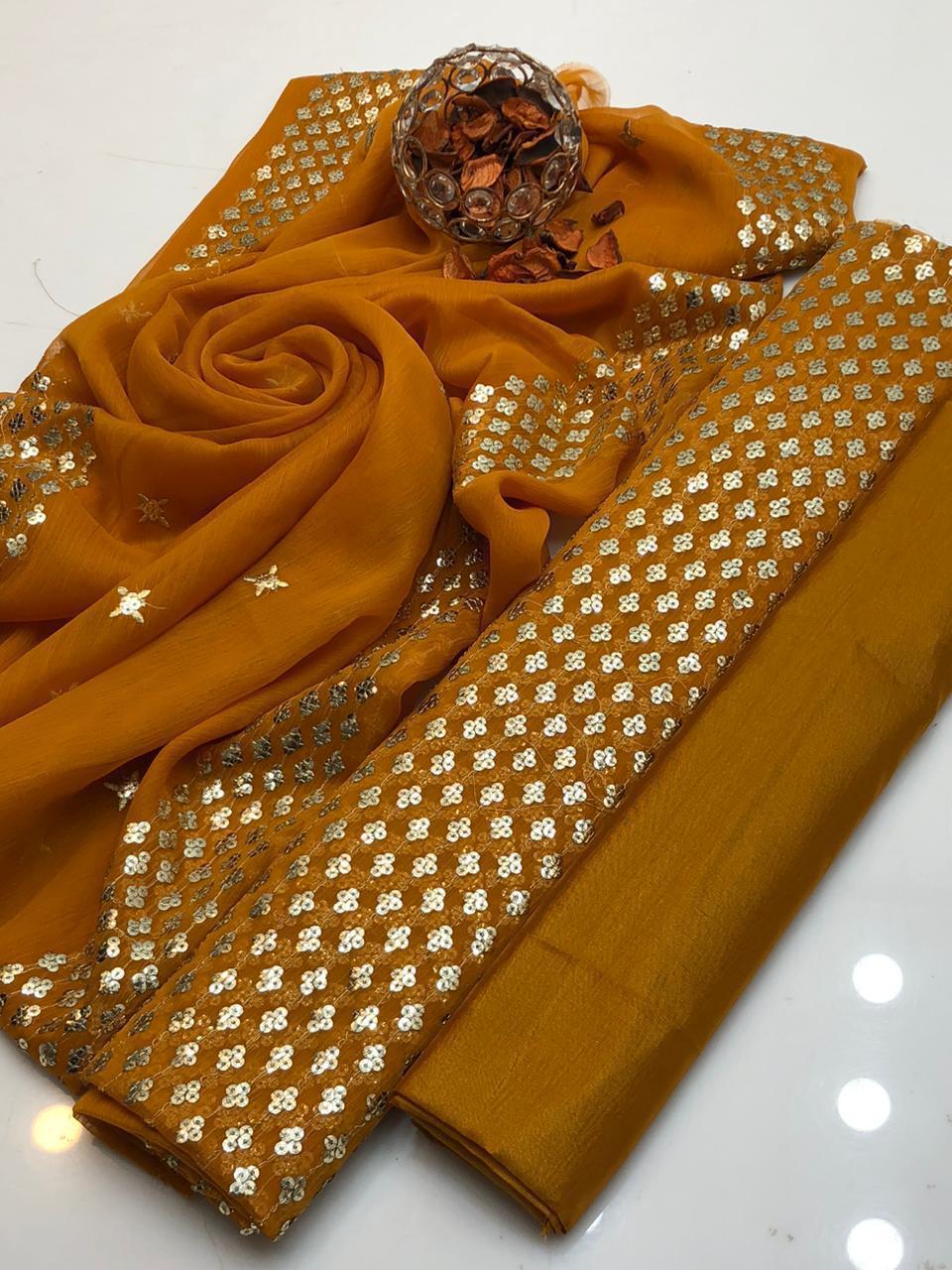 3PC Customized Chiffon Sequins Embroidered Suit – Front & Back Shirt, Sequins Border Dupatta & Kataan Silk Trouser