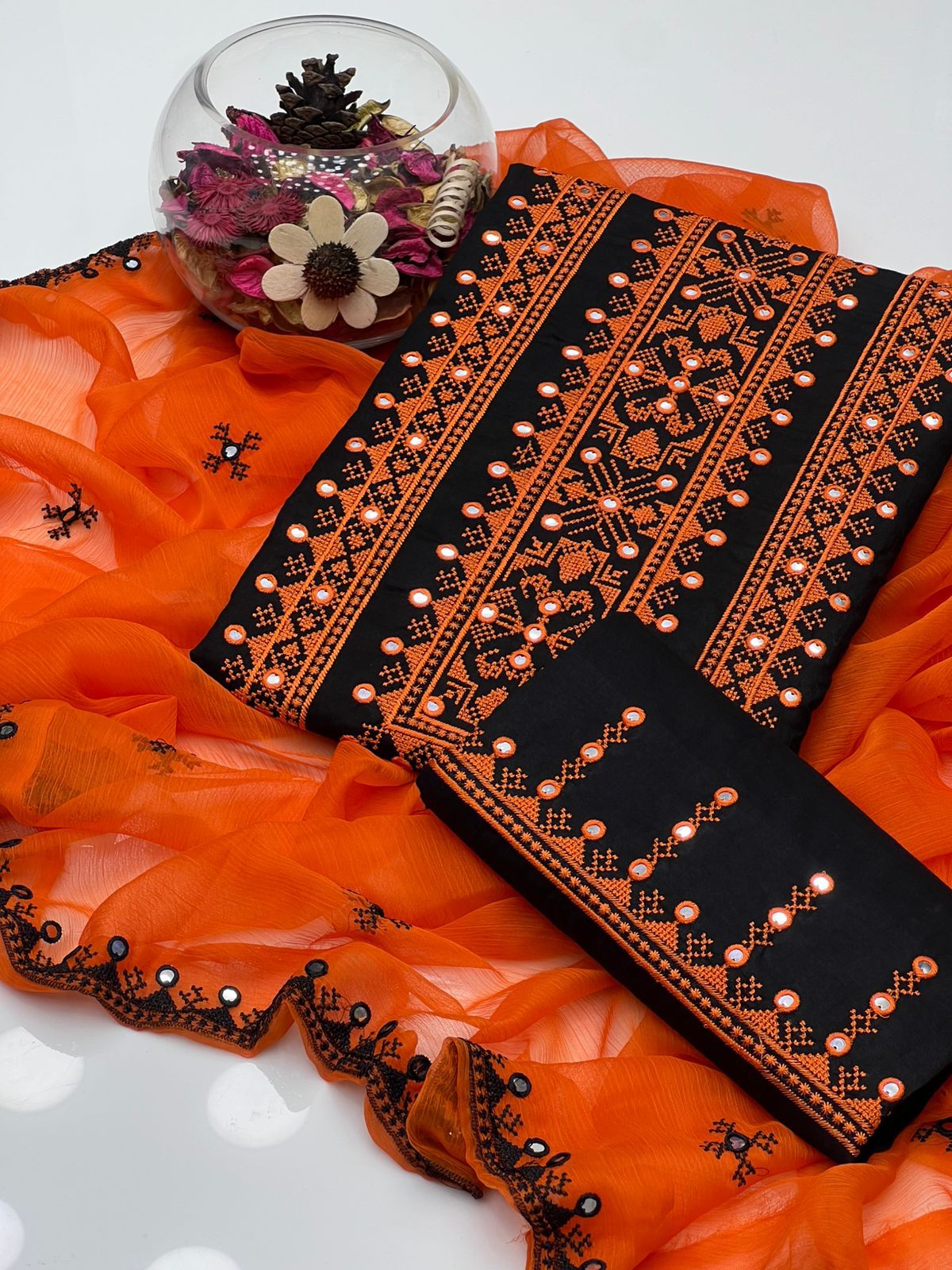 3PC Lawn Cotton Cross Stitch Black Contrast Suit – 9MM Plastic Mirror Embroidery Shirt, Heavy Embroidered Trouser & Chiffon Dupatta