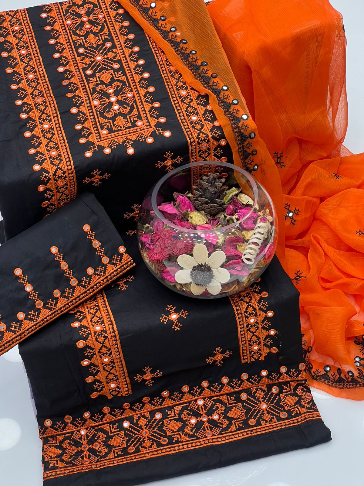 3PC Lawn Cotton Cross Stitch Black Contrast Suit – 9MM Plastic Mirror Embroidery Shirt, Heavy Embroidered Trouser & Chiffon Dupatta