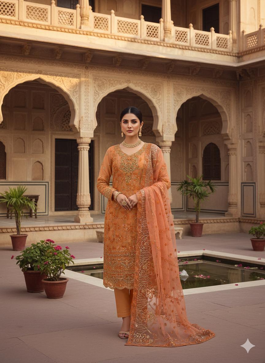 3PC Lawn Embroidered Suit – Front & Sleeves Emb Shirt, Tissue Beaded Gala, Organza Emb Dupatta & Plain Trouser