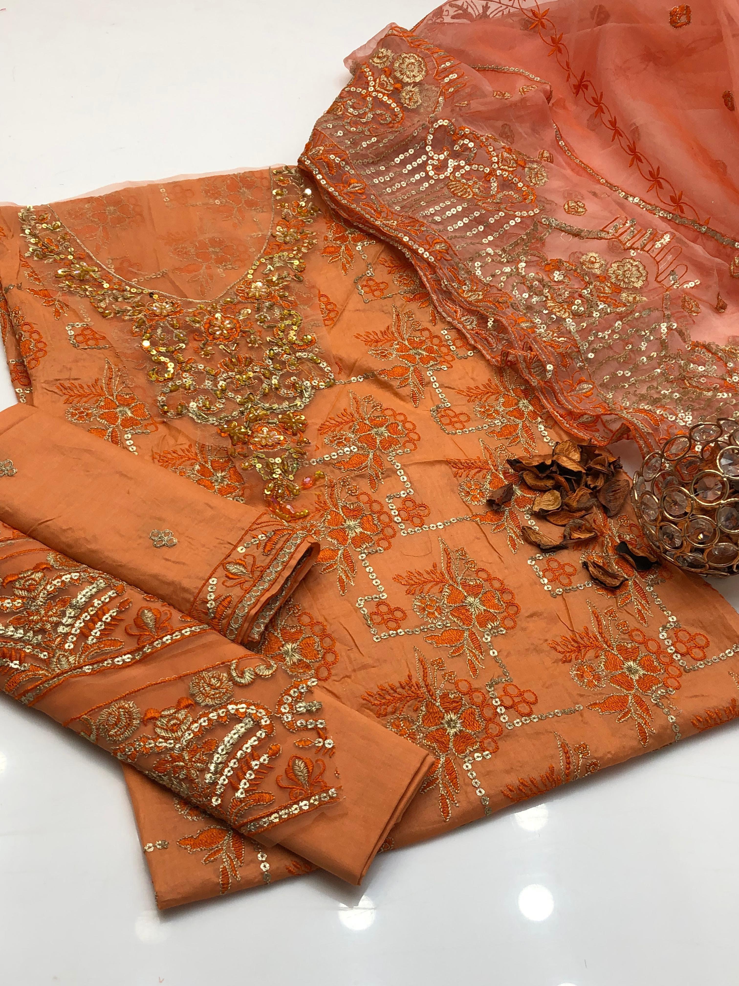 3PC Lawn Embroidered Suit – Front & Sleeves Emb Shirt, Tissue Beaded Gala, Saprite Peaches Daman & Organza Embroidered Dupatta