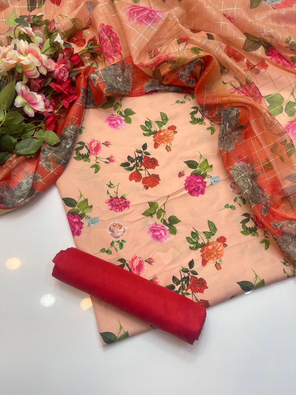 3PC Swiss Lelan Digital Print Suit – Digital Print Shirt, Kataan Plain Trouser & Monar Digital Print Dupatta