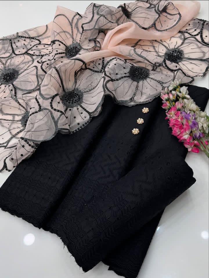 3PC Cotton Lawn Chikankari Embroidered Suit – Glitter Oil Paint Shirt, Sequence Beads Work & 4 Side Cut Work Organza Dupatta