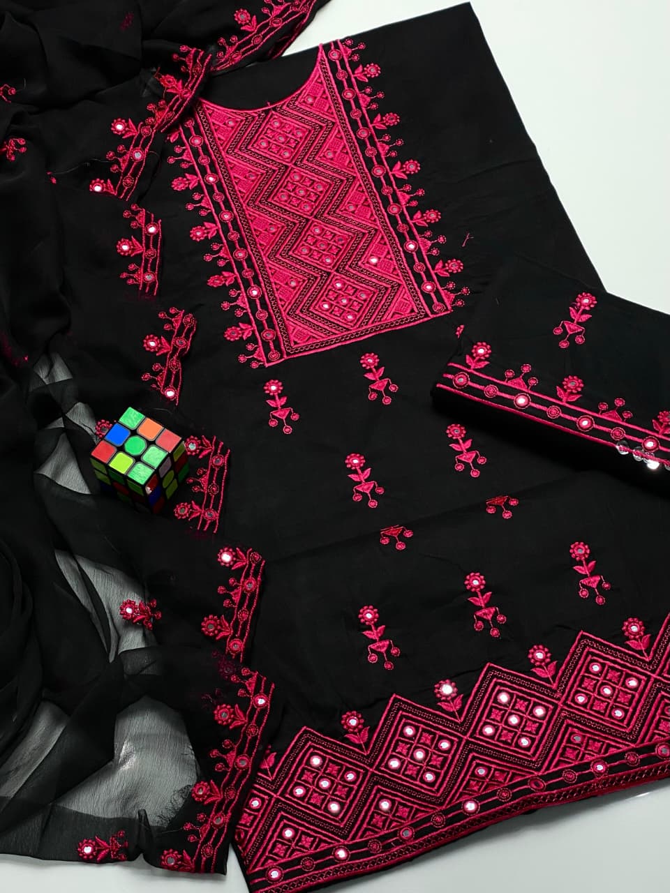 3PC Lawn Cotton Mirror Work Suit – New 9MM Plastic Mirror Emb Shirt, Heavy Emb Trouser & Chiffon Dupatta