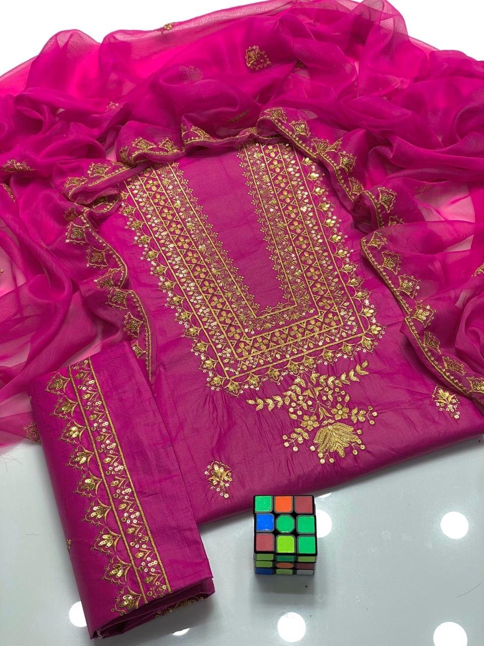 3PC Soft Lawn Cotton Sequins Suit – 3mm Sequence Work Shirt, Chiffon Sequins Dupatta & Sequins Trouser