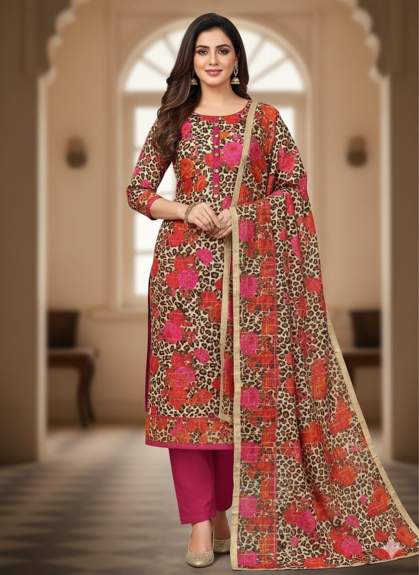3PC Swiss Lelan Digital Print Suit – Digital Print Shirt, Kataan Plain Trouser & Monar Digital Print Dupatta