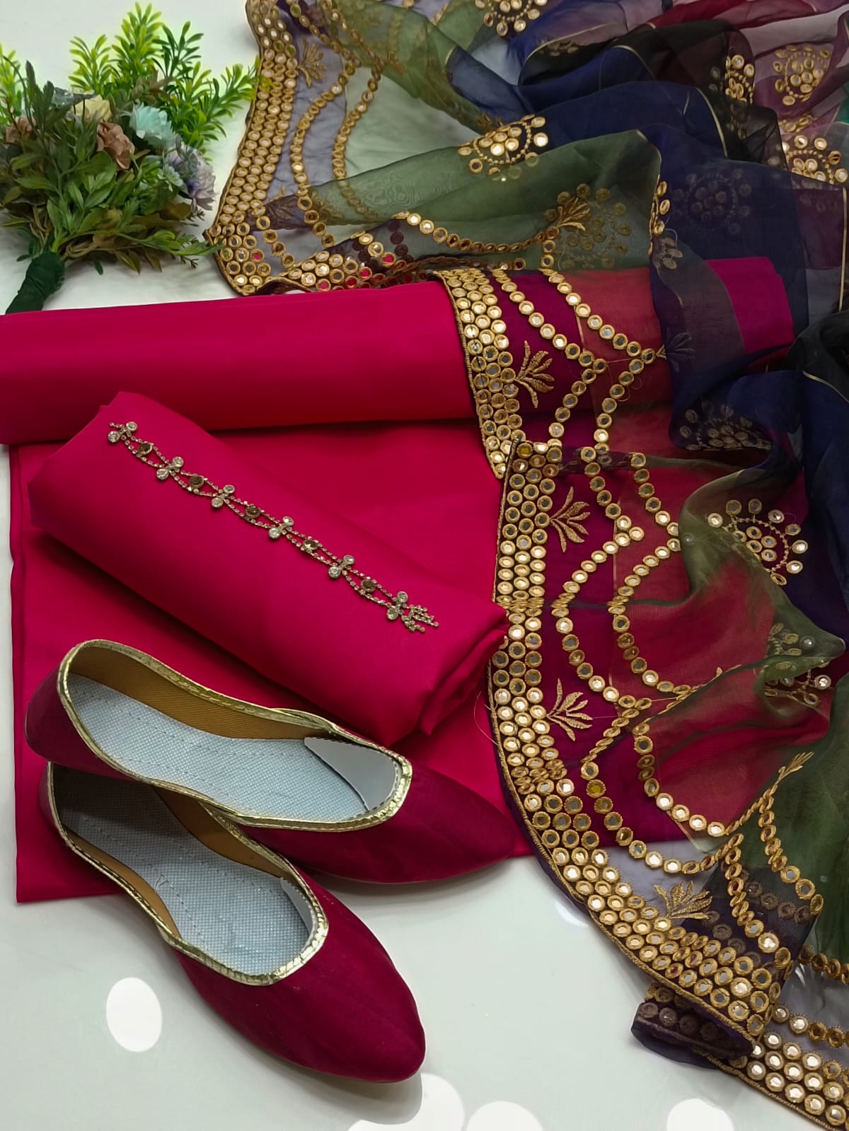 4-Piece Unstitched Multi Organza Dress – 9MM Foil Embroidered Dupatta with Kataan Silk Suit