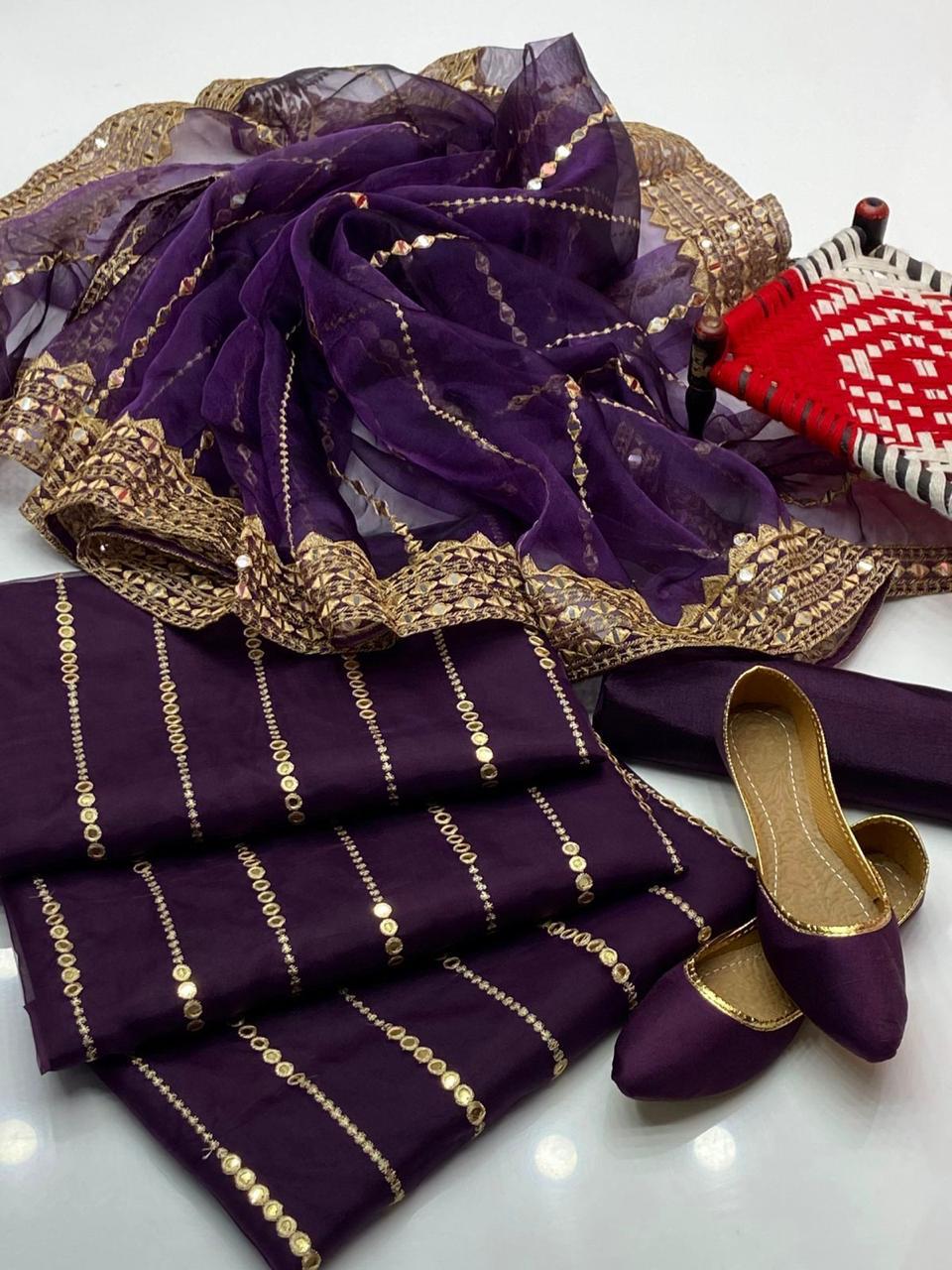 3PC Tissue Embroidered Suit – Organza 9MM Embroidered Shirt, Khatan Trouser & Tissue Dupatta with Khussa