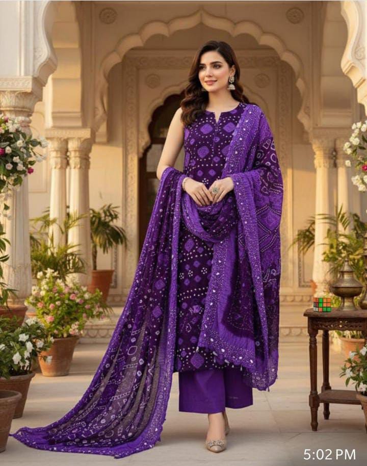 New 4 Piece Arabic Linen Chunnri Suit – Hand Dye Rajasthani Traditional Print Shirt, Trouser, Dupatta & Sleeves Set