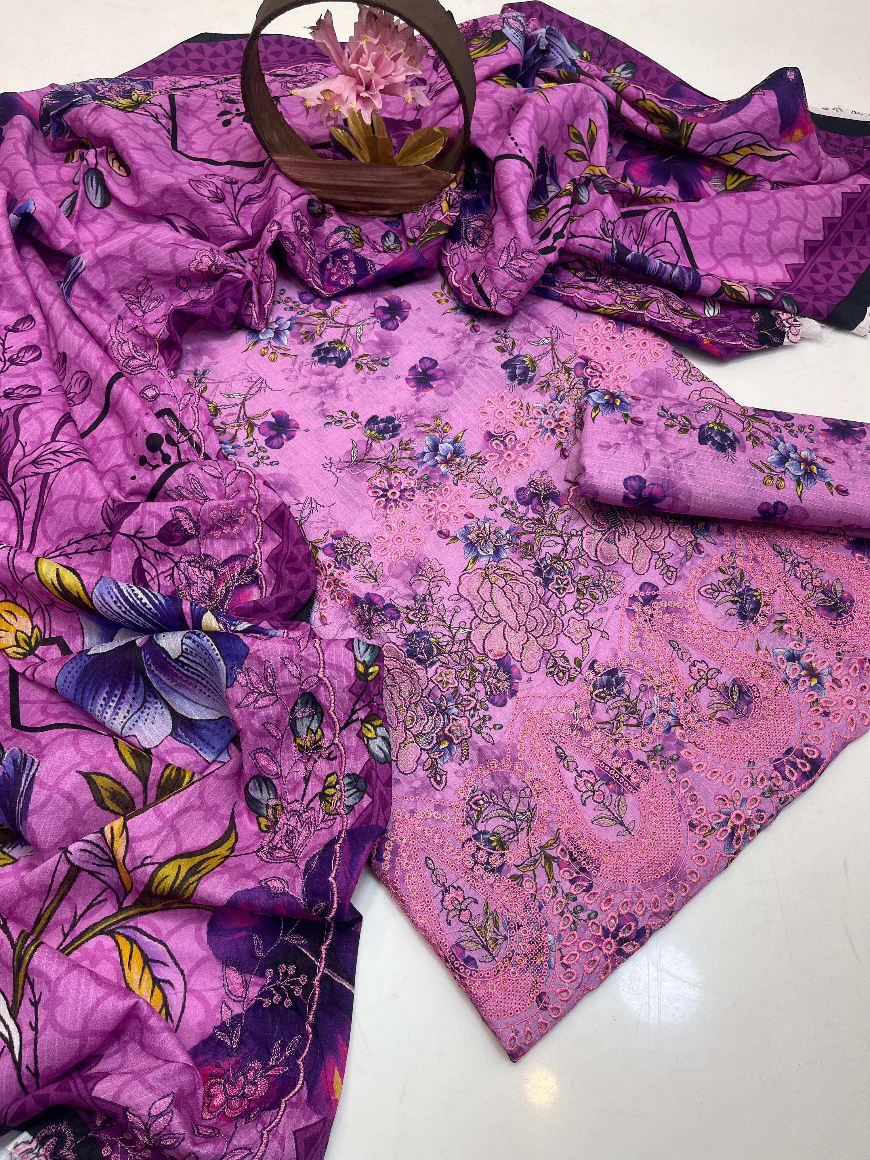 3PC Premium Lawn Digital Print Suit – Poring Daman Embroidered Shirt, Printed & Embroidered Dupatta & Matching Trouser