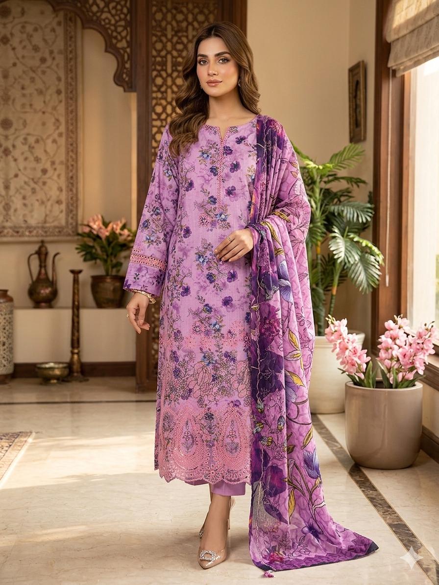3PC Premium Lawn Digital Print Suit – Poring Daman Embroidered Shirt, Printed & Embroidered Dupatta & Matching Trouser