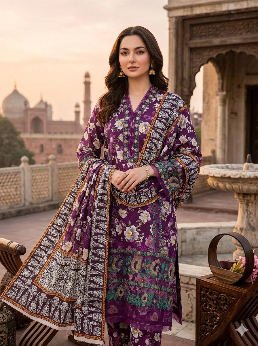 Eid Collection 3 Piece Digital Lawn Suit – 90/70 Lawn Shirt with Gala, Daman & Sleeves Patch + Digital Printed Trouser