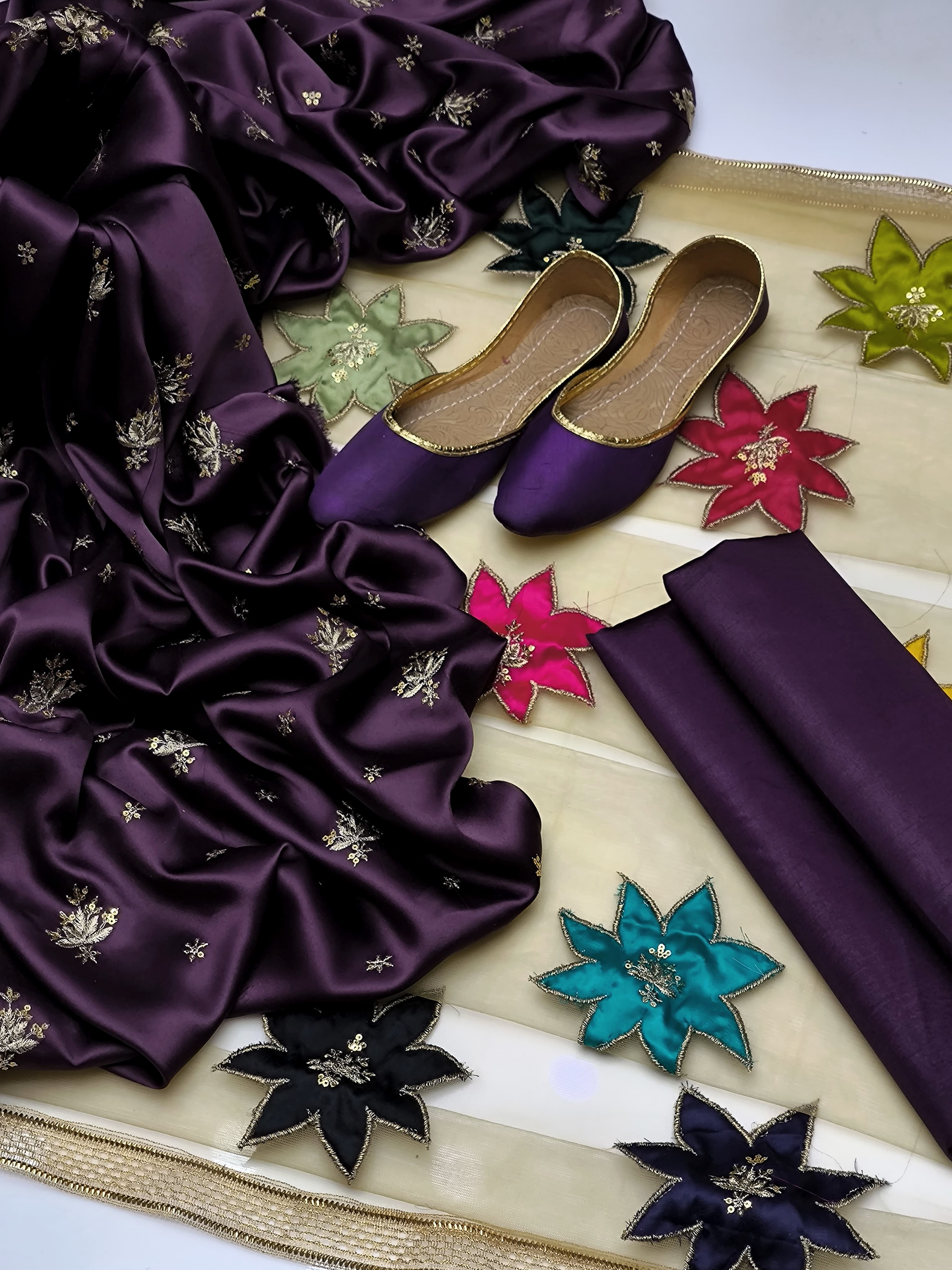 3-Piece Unstitched Shamoz Silk Dress – Jhumka Embroidery with Net Dupatta & Free Khussa