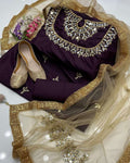 4-Piece Unstitched Kataan Mirror Work Suit – With Net Dupatta & Golden Khussa