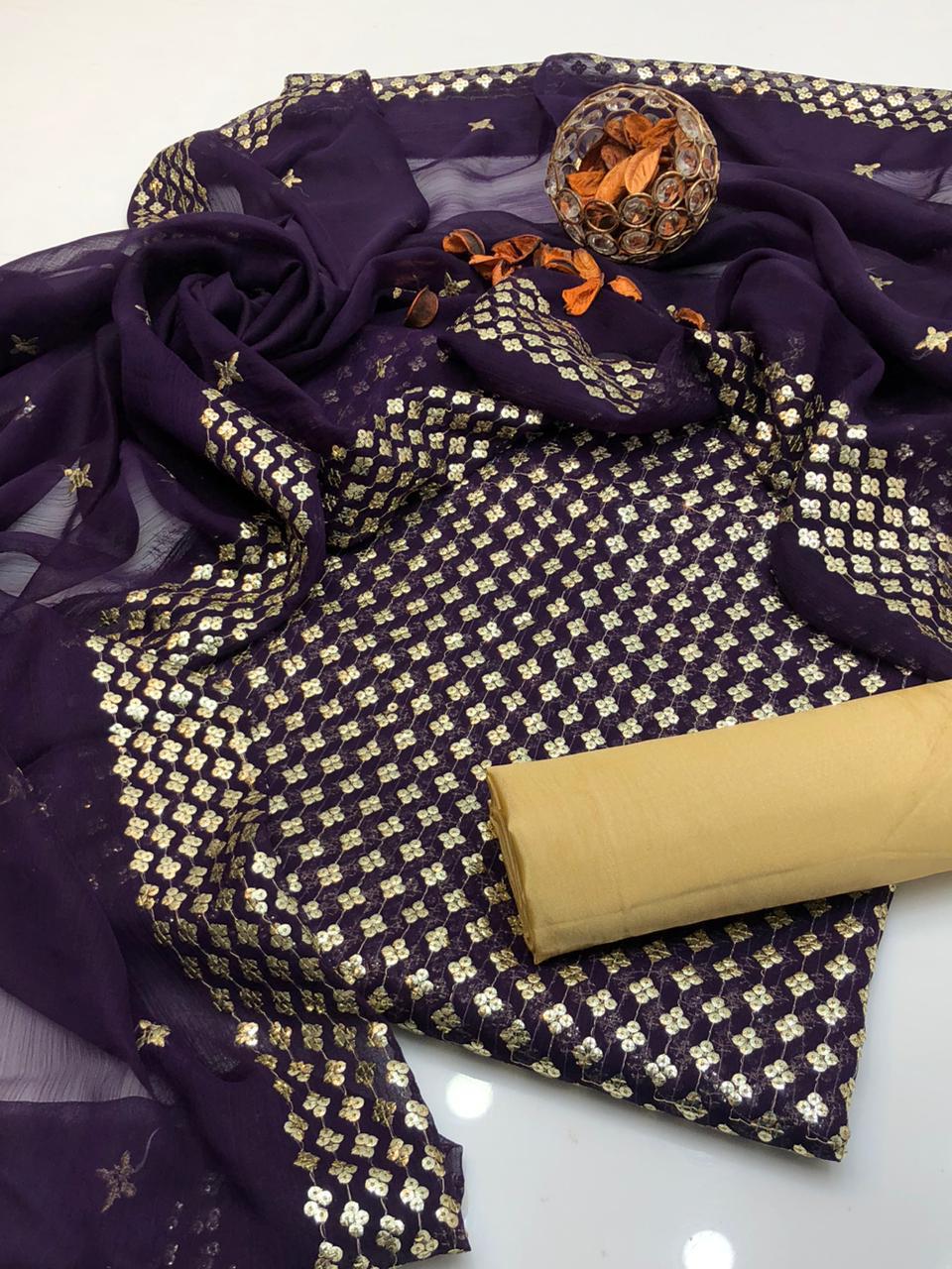 3PC Customized Chiffon Sequins Embroidered Suit – Front & Back Shirt, Sequins Border Dupatta & Kataan Silk Trouser
