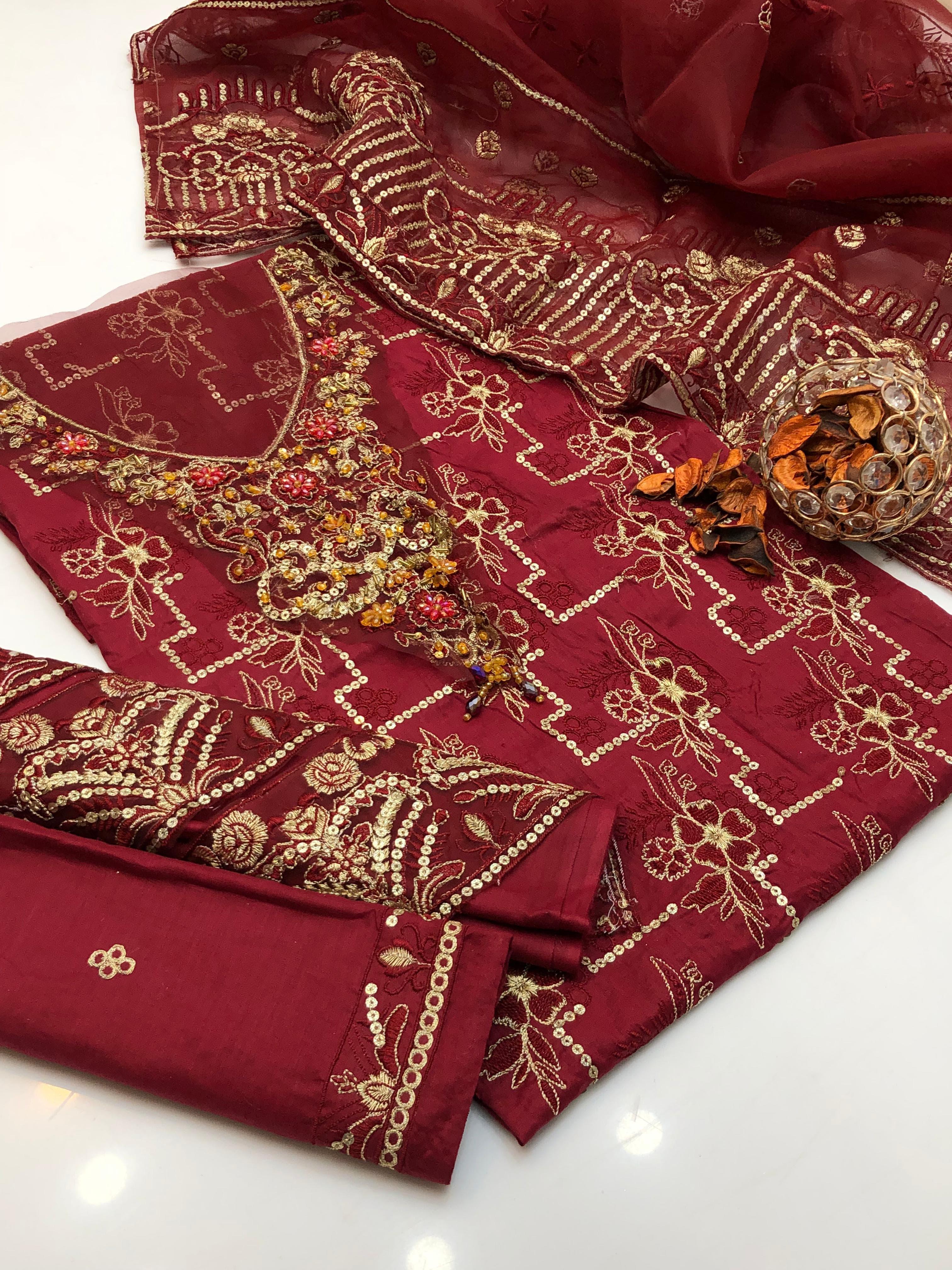 3PC Lawn Embroidered Suit – Front & Sleeves Emb Shirt, Tissue Beaded Gala, Saprite Peaches Daman & Organza Embroidered Dupatta