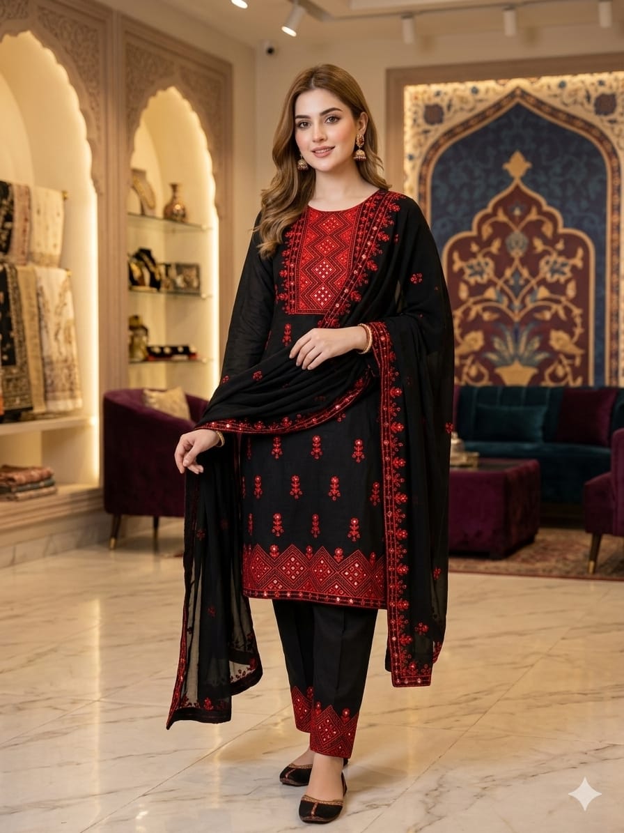 3PC Lawn Cotton Mirror Work Suit – New 9MM Plastic Mirror Emb Shirt, Heavy Emb Trouser & Chiffon Dupatta