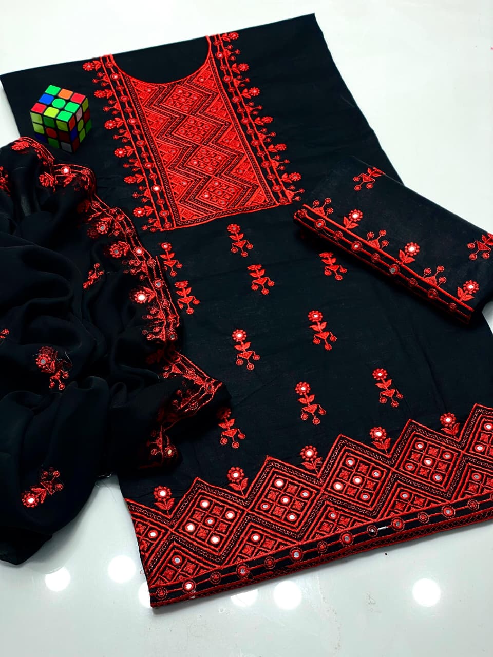 3PC Lawn Cotton Mirror Work Suit – New 9MM Plastic Mirror Emb Shirt, Heavy Emb Trouser & Chiffon Dupatta