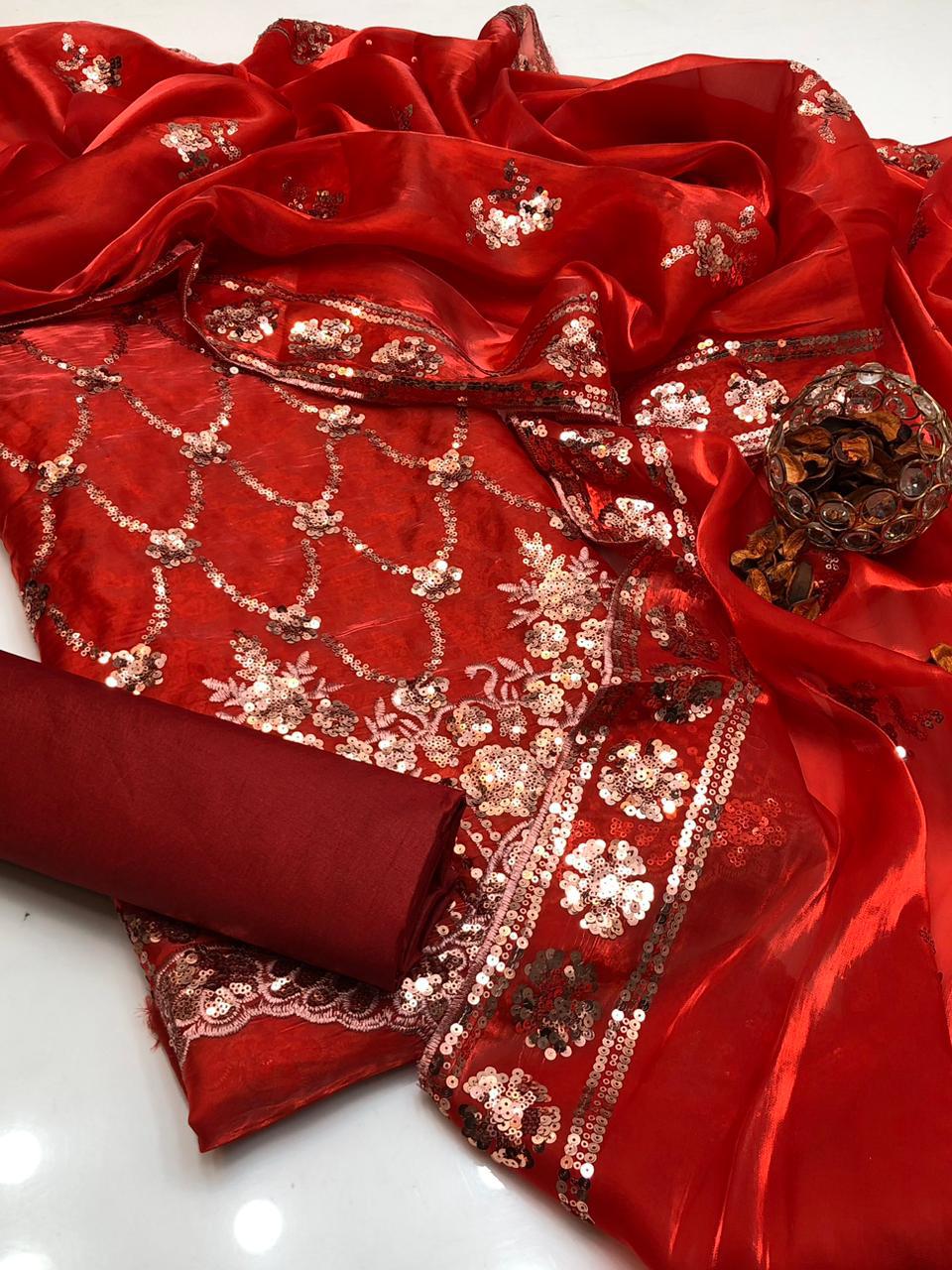 3PC Lawa Silk Embroidered Suit – Embroidered Shirt, Matching Lawa Silk Dupatta & Kataan Silk Trouser
