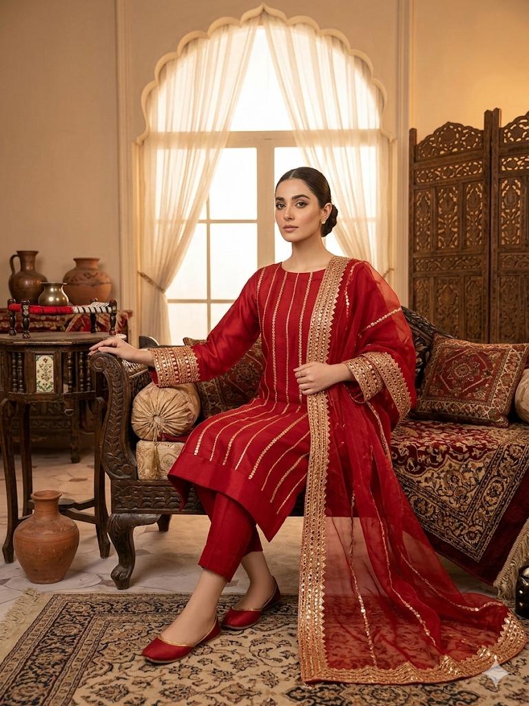 3PC Tissue Embroidered Suit – Organza 9MM Embroidered Shirt, Khatan Trouser & Tissue Dupatta with Khussa