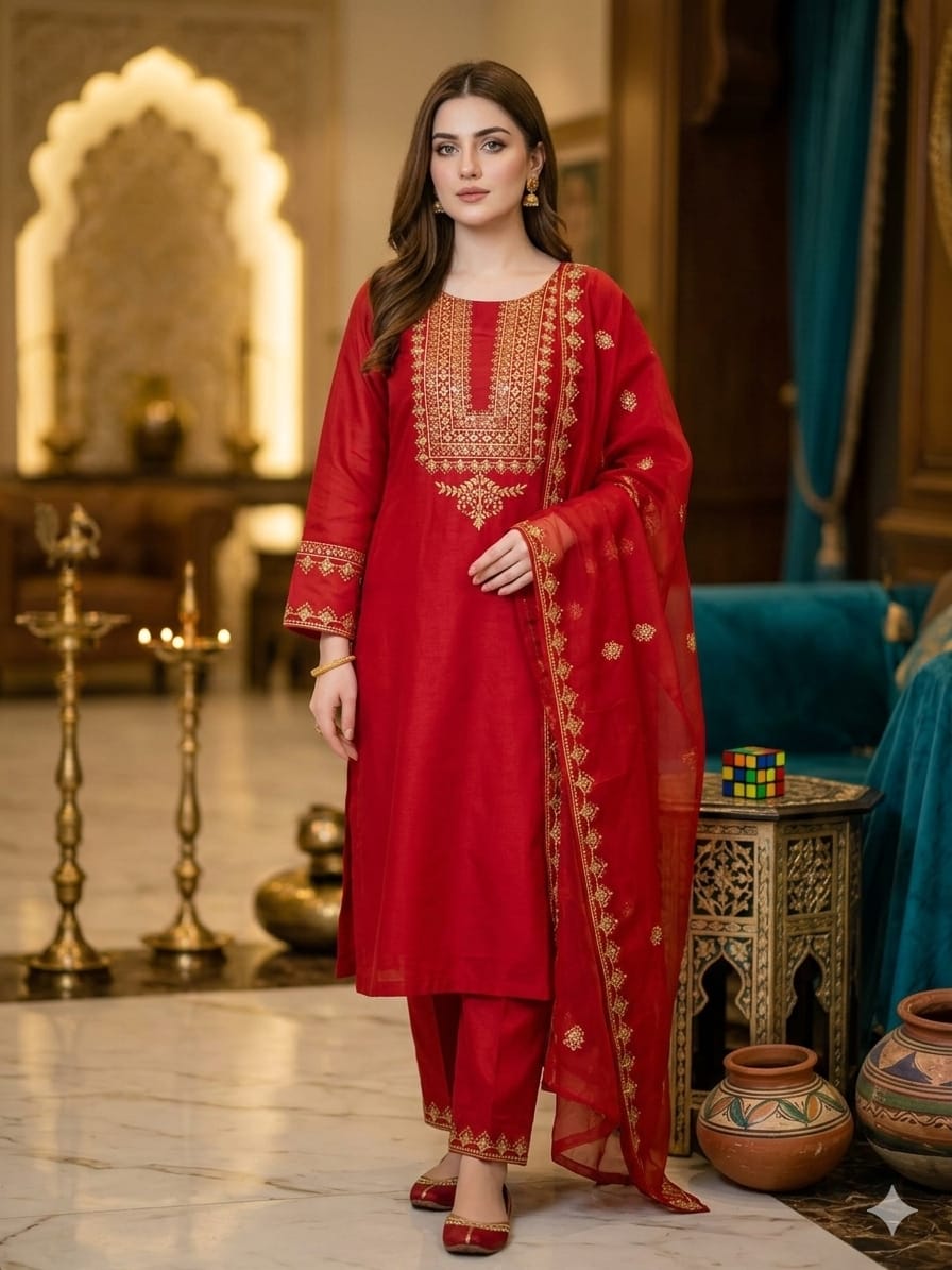 3PC Soft Lawn Cotton Sequins Suit – 3mm Sequence Work Shirt, Chiffon Sequins Dupatta & Sequins Trouser