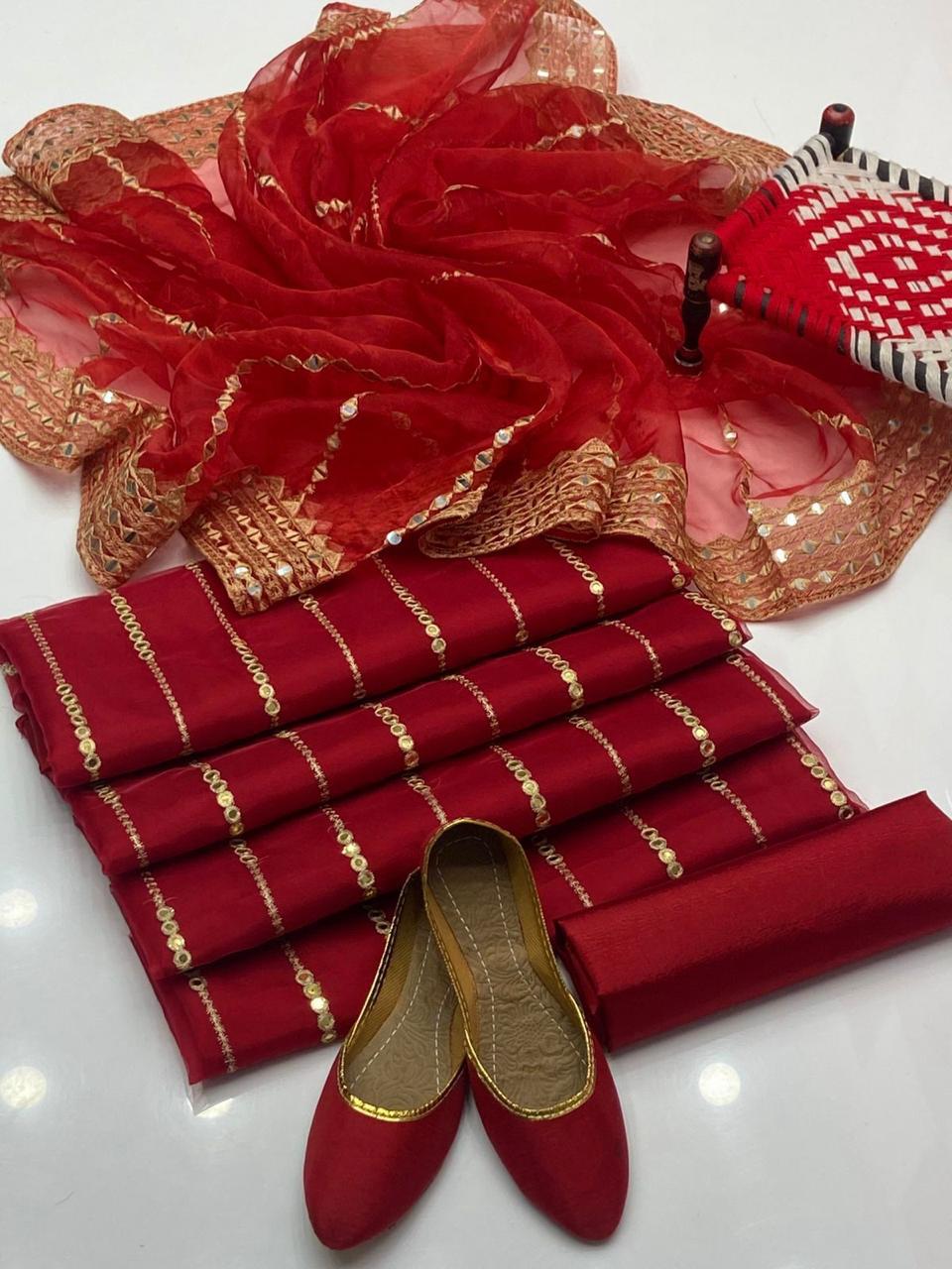 3PC Tissue Embroidered Suit – Organza 9MM Embroidered Shirt, Khatan Trouser & Tissue Dupatta with Khussa