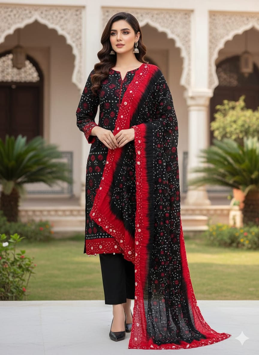 New 4 Piece Arabic Linen Chunnri Suit – Hand Dye Rajasthani Traditional Print Shirt, Trouser, Dupatta & Sleeves Set