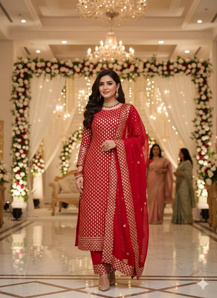 3PC Customized Chiffon Sequins Embroidered Suit – Front & Back Shirt, Sequins Border Dupatta & Kataan Silk Trouser