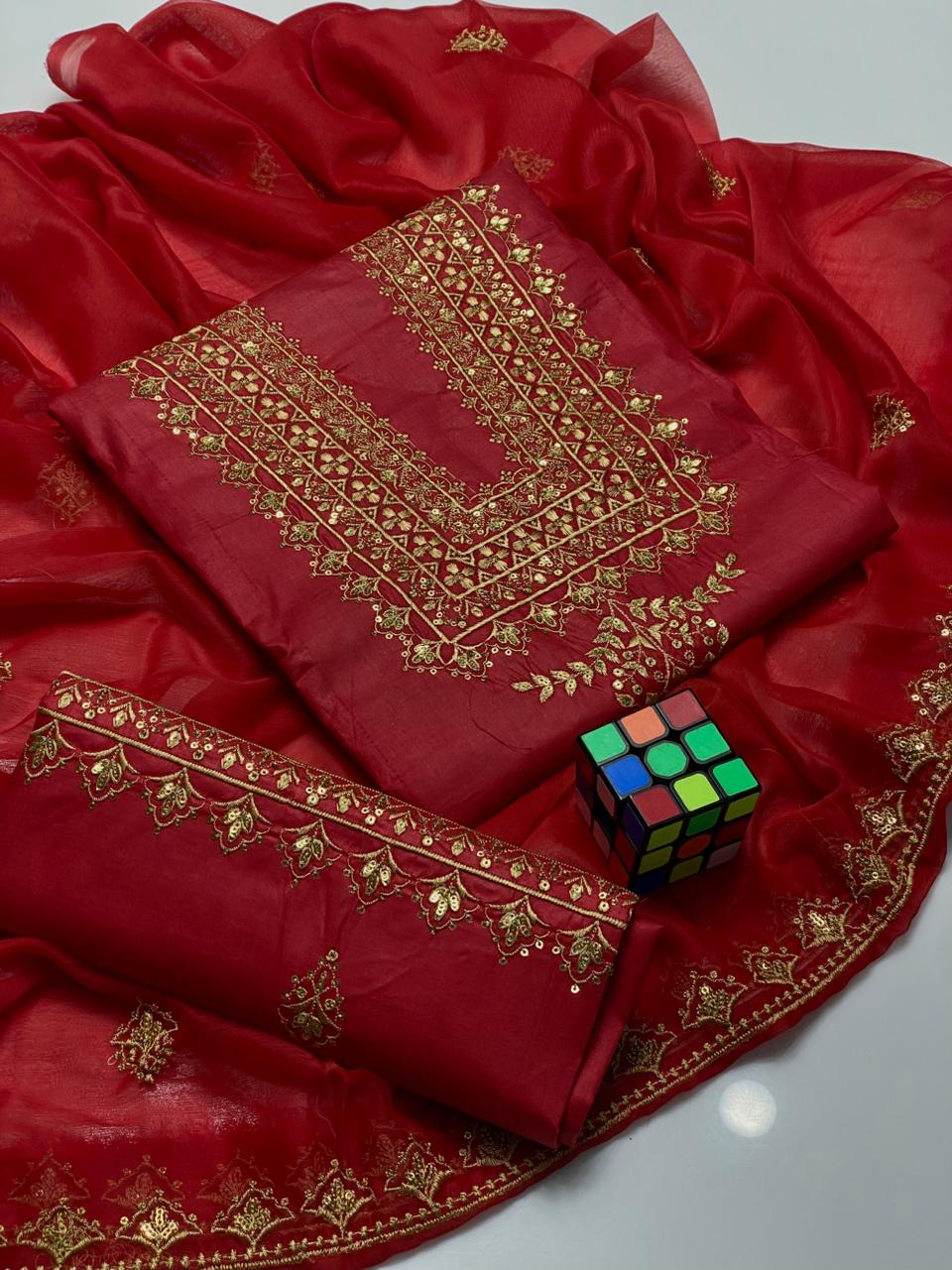3PC Soft Lawn Cotton Sequins Suit – 3mm Sequence Work Shirt, Chiffon Sequins Dupatta & Sequins Trouser
