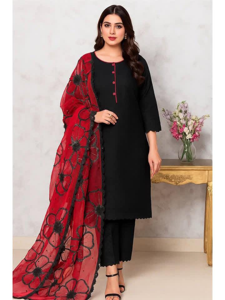 3PC Cotton Lawn Chikankari Embroidered Suit – Glitter Oil Paint Shirt, Sequence Beads Work & 4 Side Cut Work Organza Dupatta