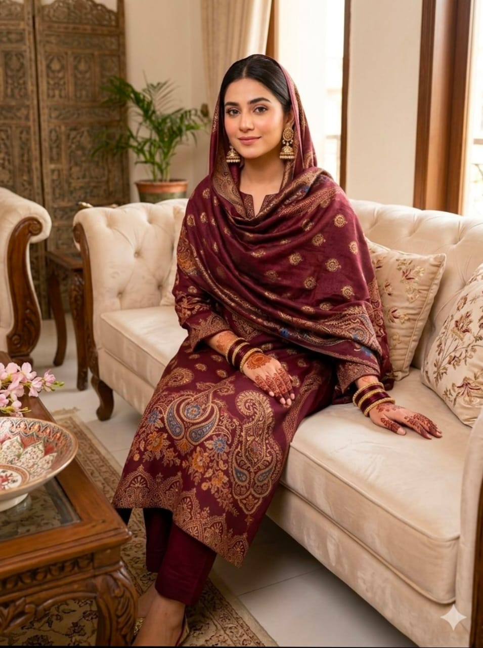New Eid Collection 5 Piece Khaddi Lawn Jacquard Borshia Suit – Shirt, Jacquard Dupatta, Plain Trouser & Separate Sleeves