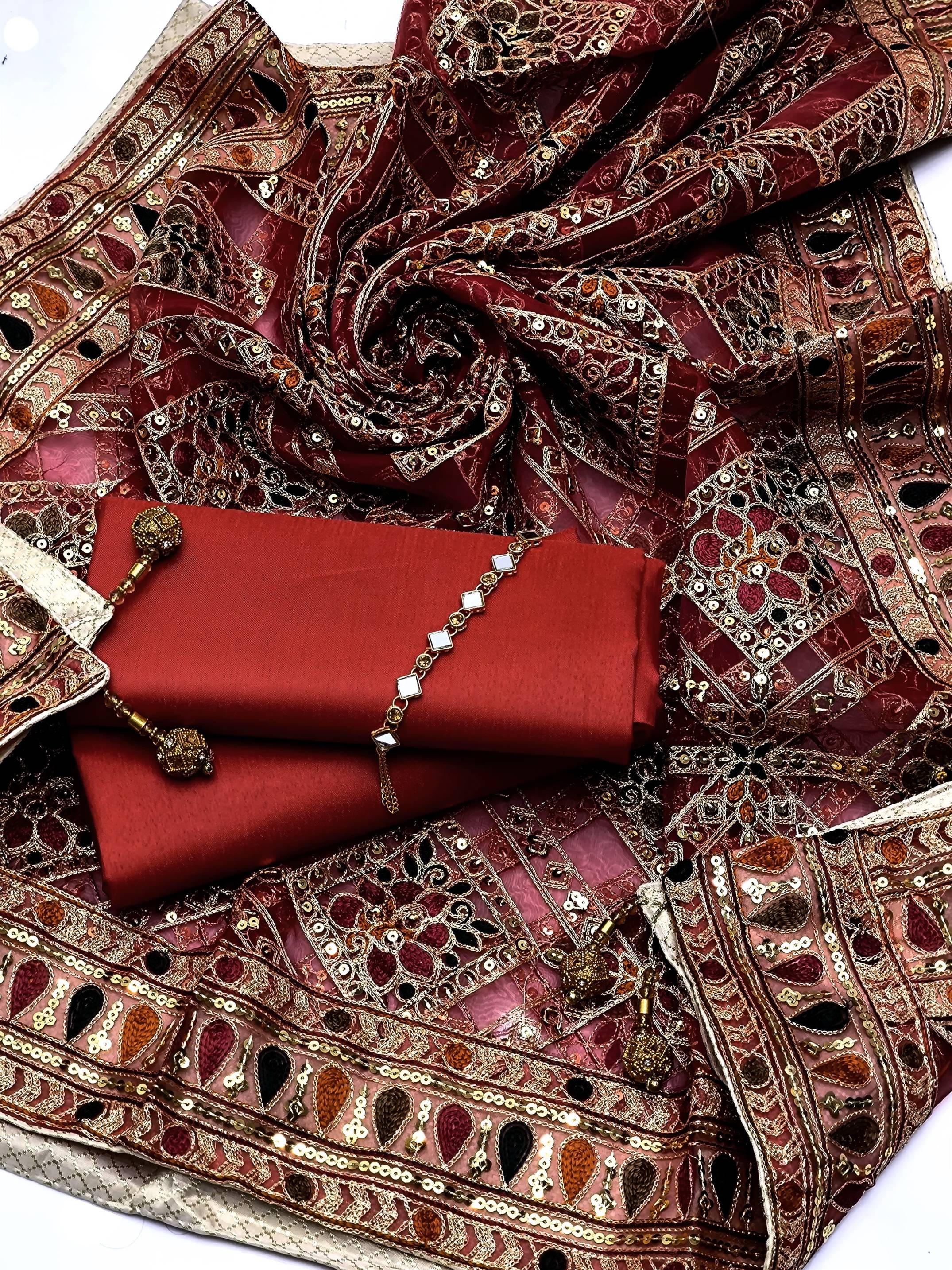 3-Piece Unstitched Kataan Silk Suit – Heavy Indian Embroidered Dupatta & Neckline Gift