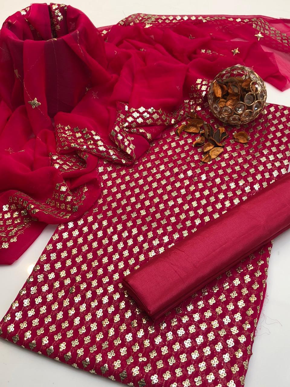 3PC Customized Chiffon Sequins Embroidered Suit – Front & Back Shirt, Sequins Border Dupatta & Kataan Silk Trouser