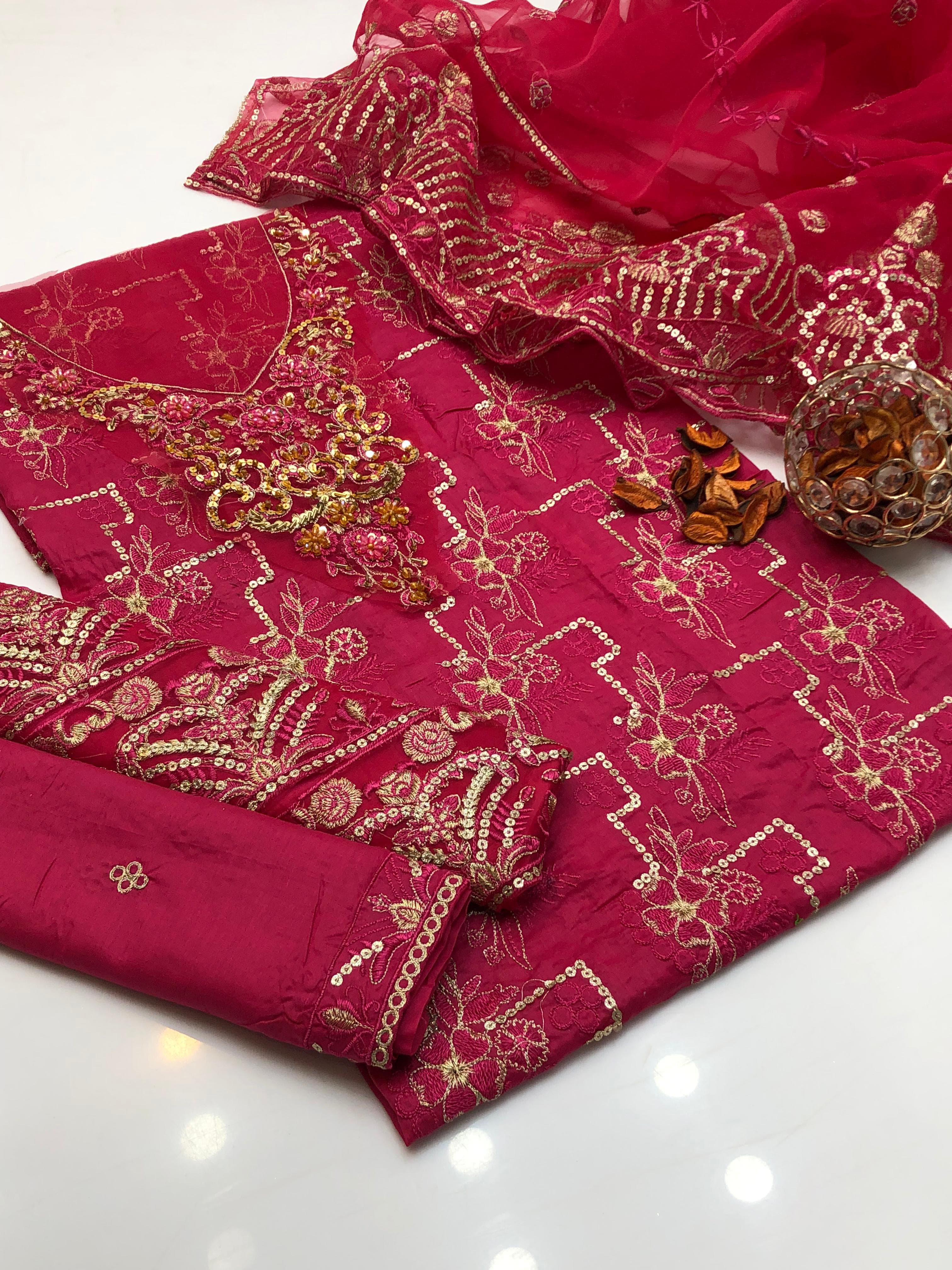 3PC Lawn Embroidered Suit – Front & Sleeves Emb Shirt, Tissue Beaded Gala, Organza Emb Dupatta & Plain Trouser