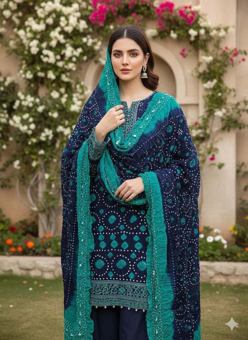 New 4 Piece Arabic Linen Chunnri Suit – Hand Dye Rajasthani Traditional Print Shirt, Trouser, Dupatta & Sleeves Set