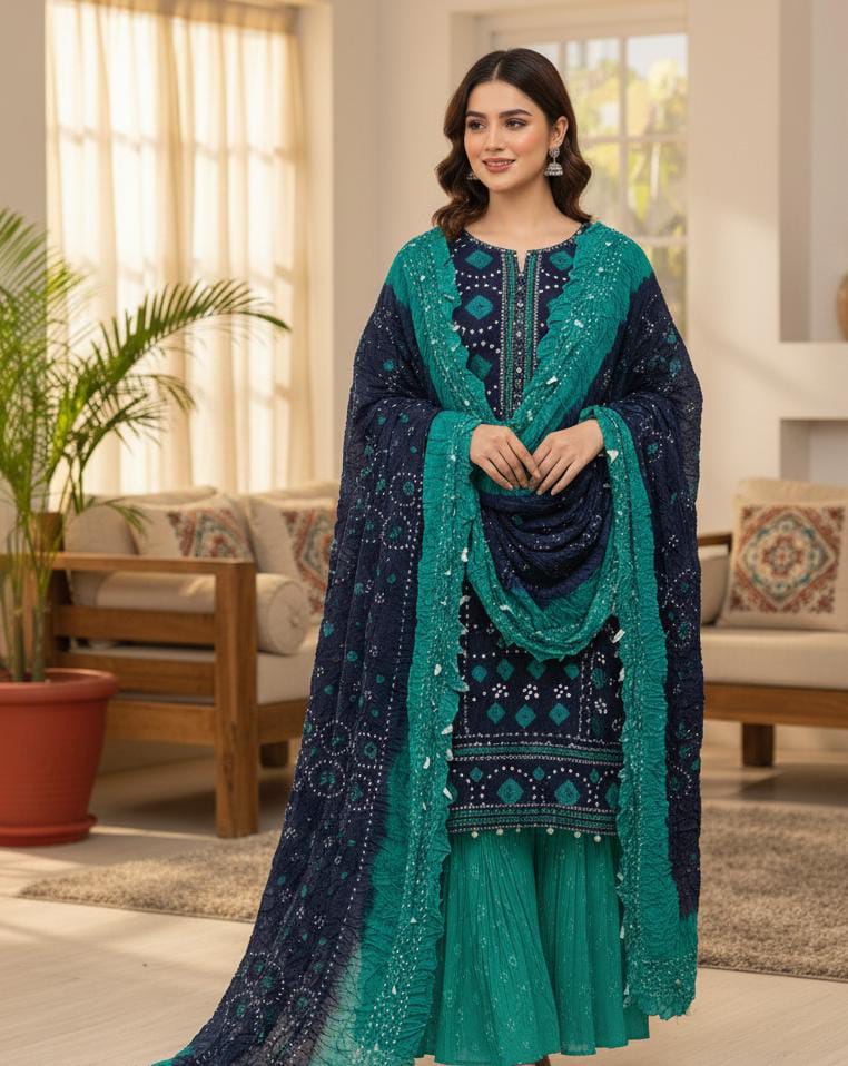 New 4 Piece Arabic Linen Chunnri Suit – Hand Dye Rajasthani Traditional Print Shirt, Trouser, Dupatta & Sleeves Set
