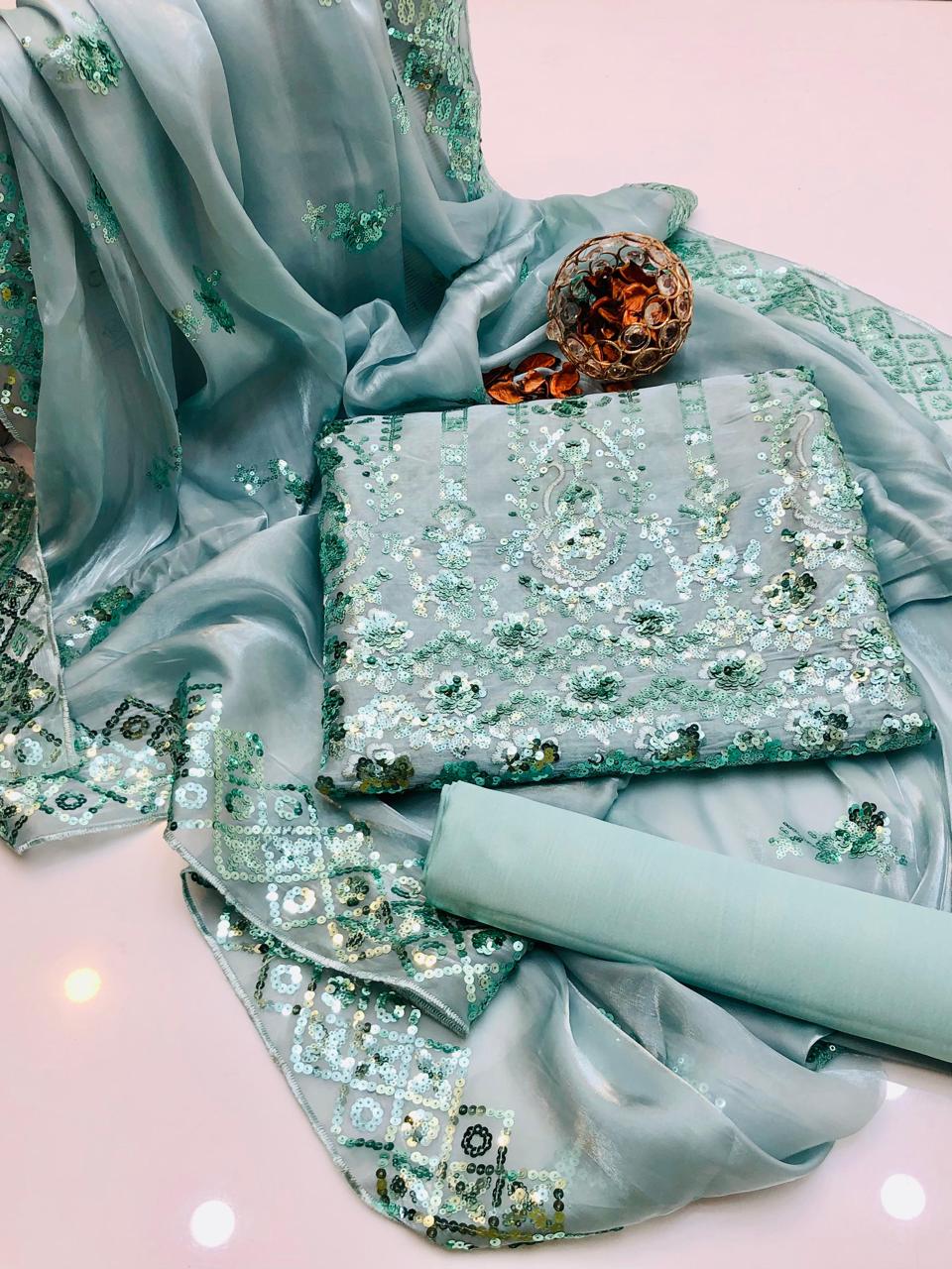 3PC Lawa Silk Embroidered Suit – Embroidered Shirt, Matching Lawa Silk Dupatta & Kataan Silk Trouser