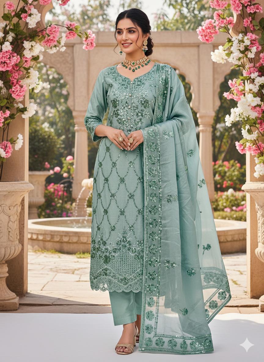 3PC Lawa Silk Embroidered Suit – Embroidered Shirt, Matching Lawa Silk Dupatta & Kataan Silk Trouser