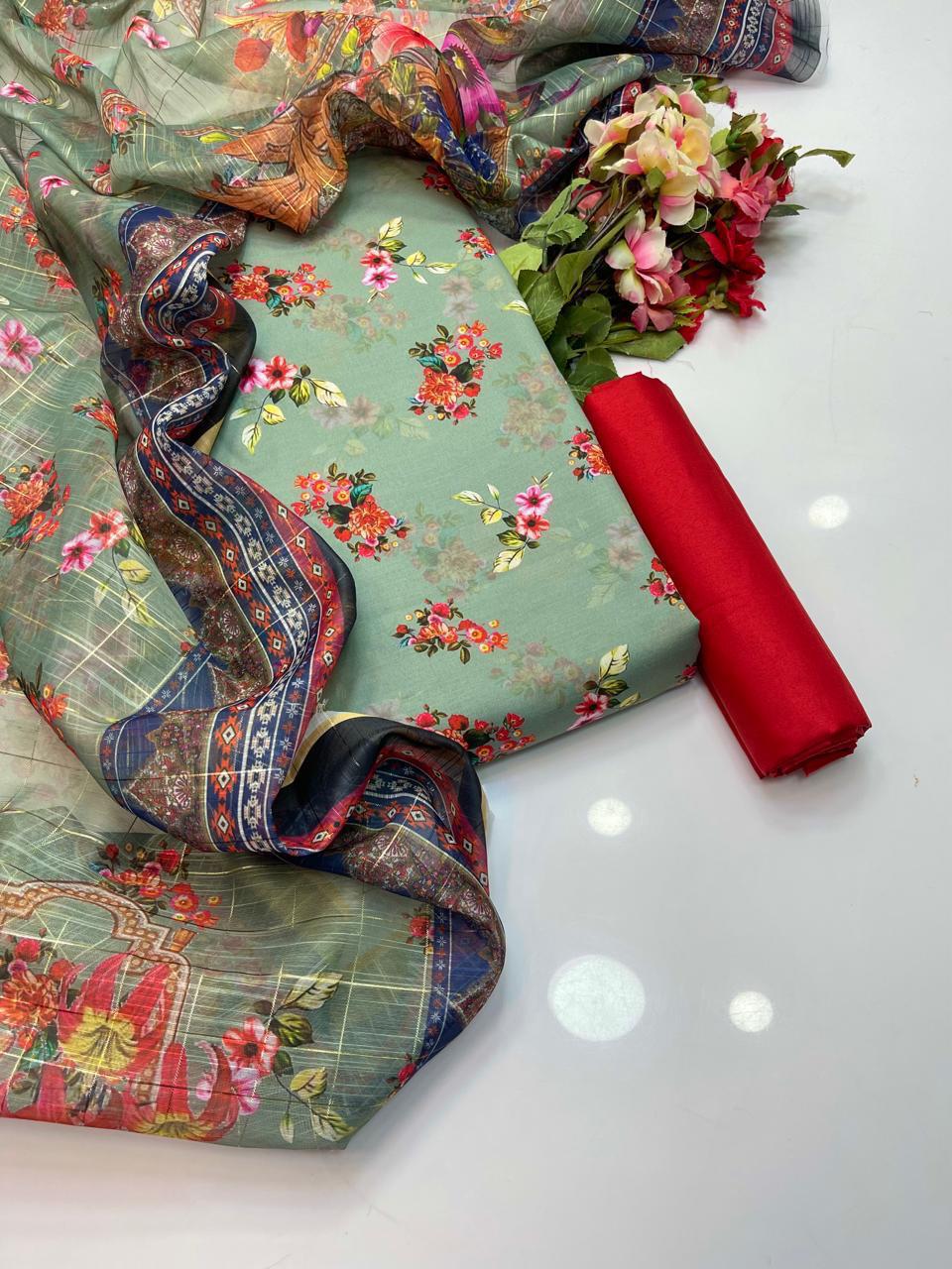 3PC Swiss Lelan Digital Print Suit – Digital Print Shirt, Kataan Plain Trouser & Monar Digital Print Dupatta