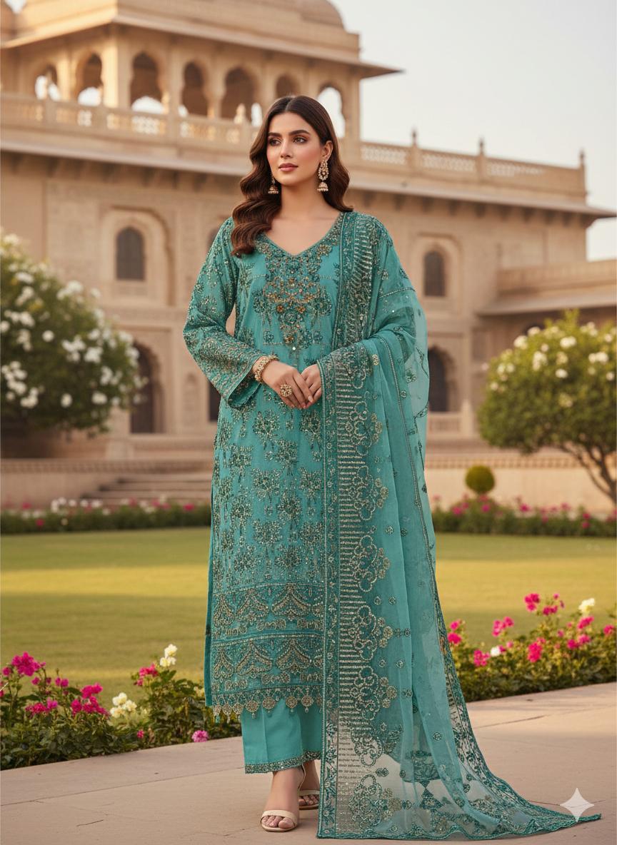 3PC Lawn Embroidered Suit – Front & Sleeves Emb Shirt, Tissue Beaded Gala, Saprite Peaches Daman & Organza Embroidered Dupatta