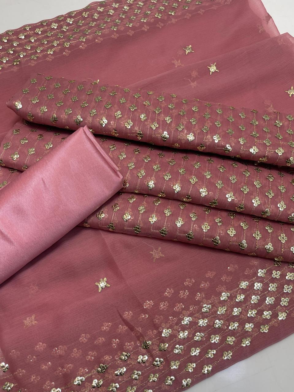 3PC Customized Chiffon Sequins Embroidered Suit – Front & Back Shirt, Sequins Border Dupatta & Kataan Silk Trouser