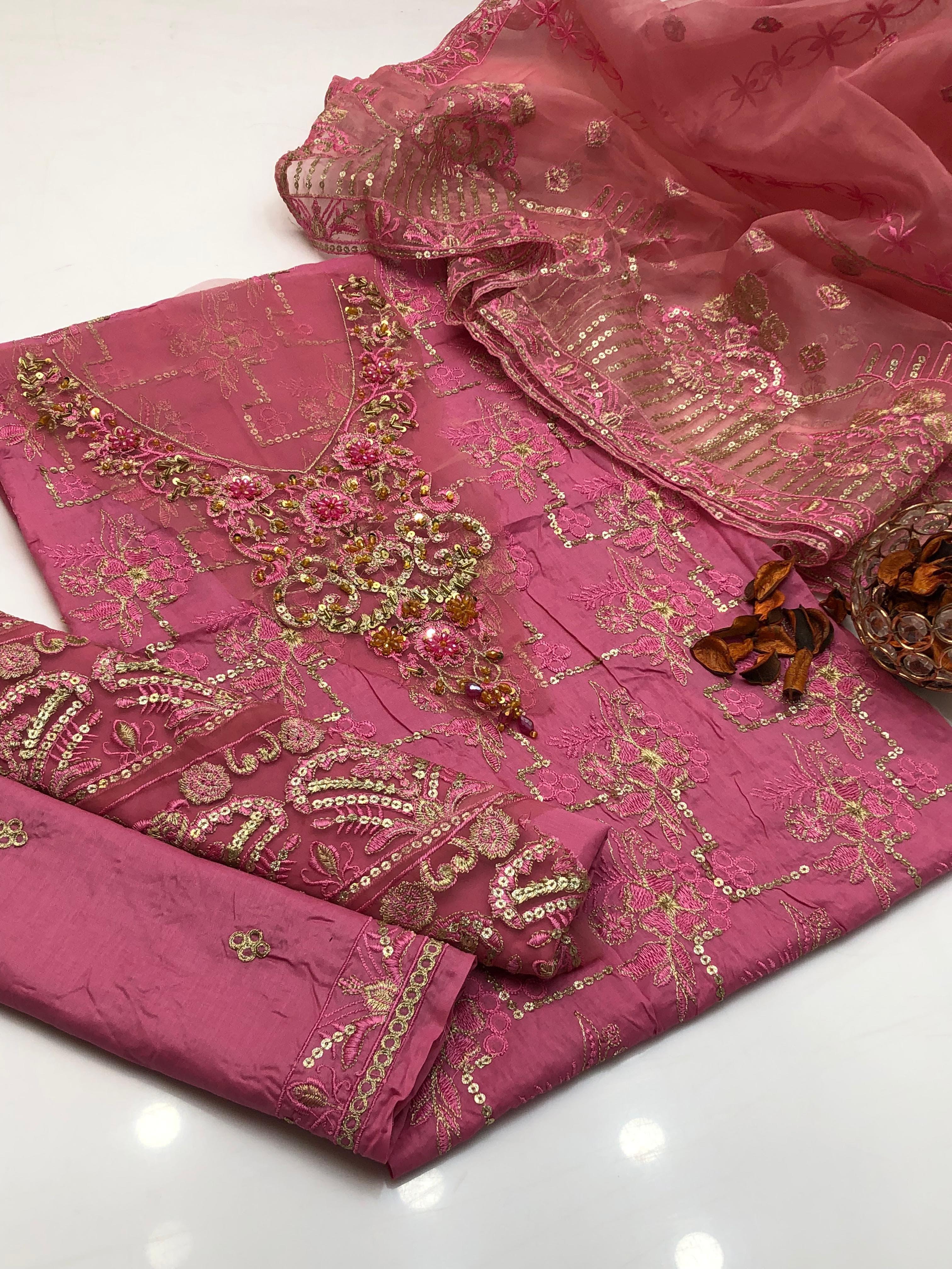 3PC Lawn Embroidered Suit – Front & Sleeves Emb Shirt, Tissue Beaded Gala, Saprite Peaches Daman & Organza Embroidered Dupatta