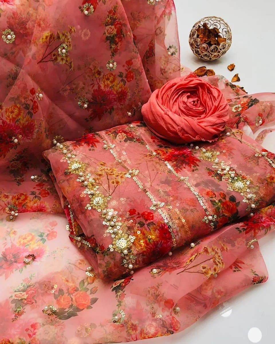 3PC Organza Digital Embroidered Suit – Pearl Work Front & Back Shirt, Printed Pearl Border Dupatta & Kataan Silk Trouser