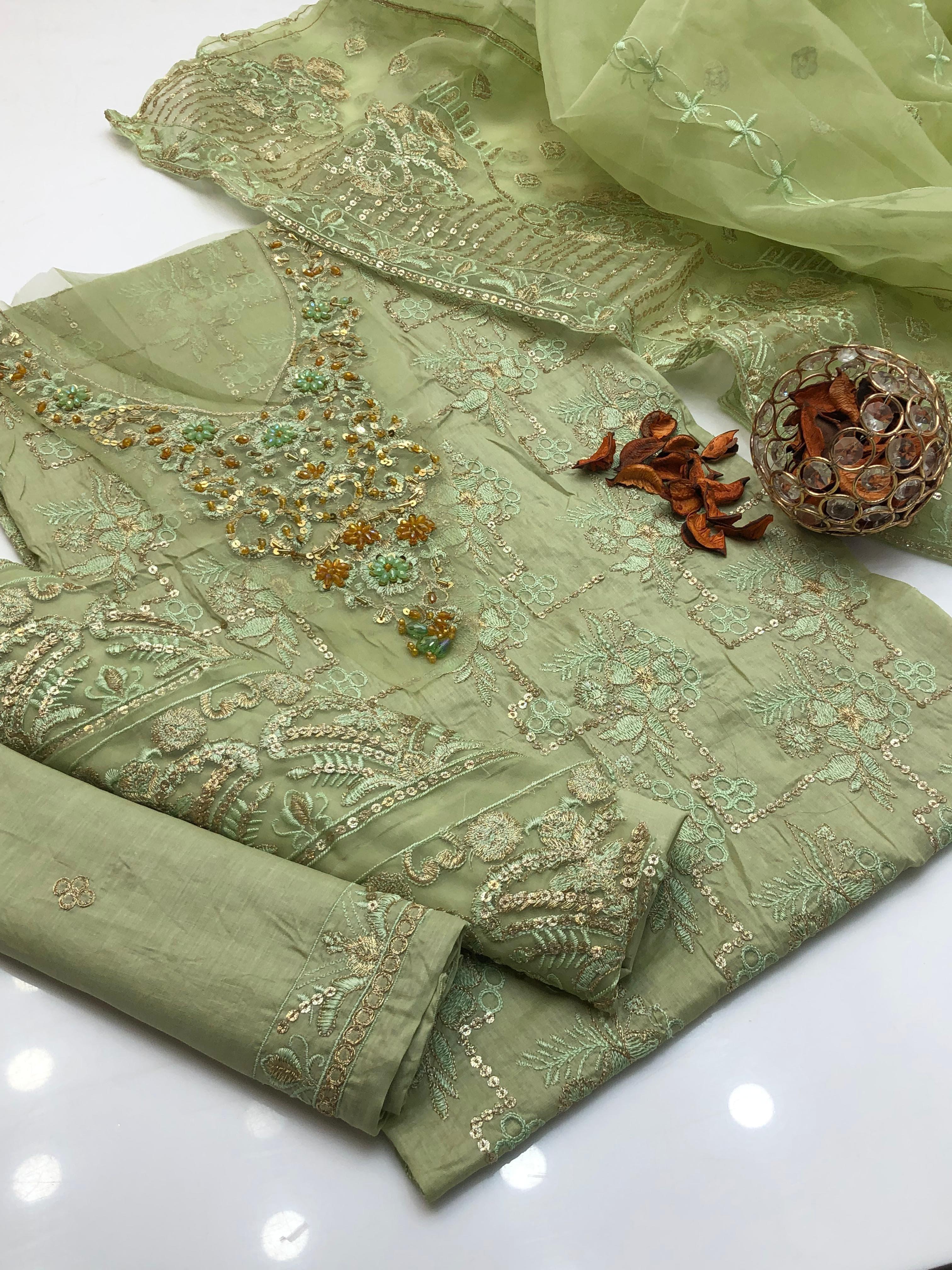 3PC Lawn Embroidered Suit – Front & Sleeves Emb Shirt, Tissue Beaded Gala, Organza Emb Dupatta & Plain Trouser