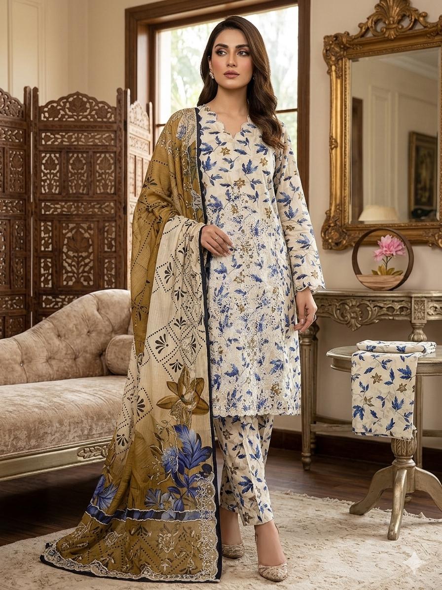 3PC Premium Lawn Digital Print Suit – Poring Daman Embroidered Shirt, Printed & Embroidered Dupatta & Matching Trouser