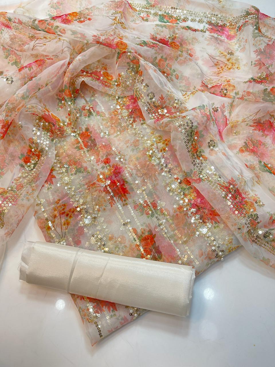 3PC Organza Digital Embroidered Suit – Pearl Work Front & Back Shirt, Printed Pearl Border Dupatta & Kataan Silk Trouser