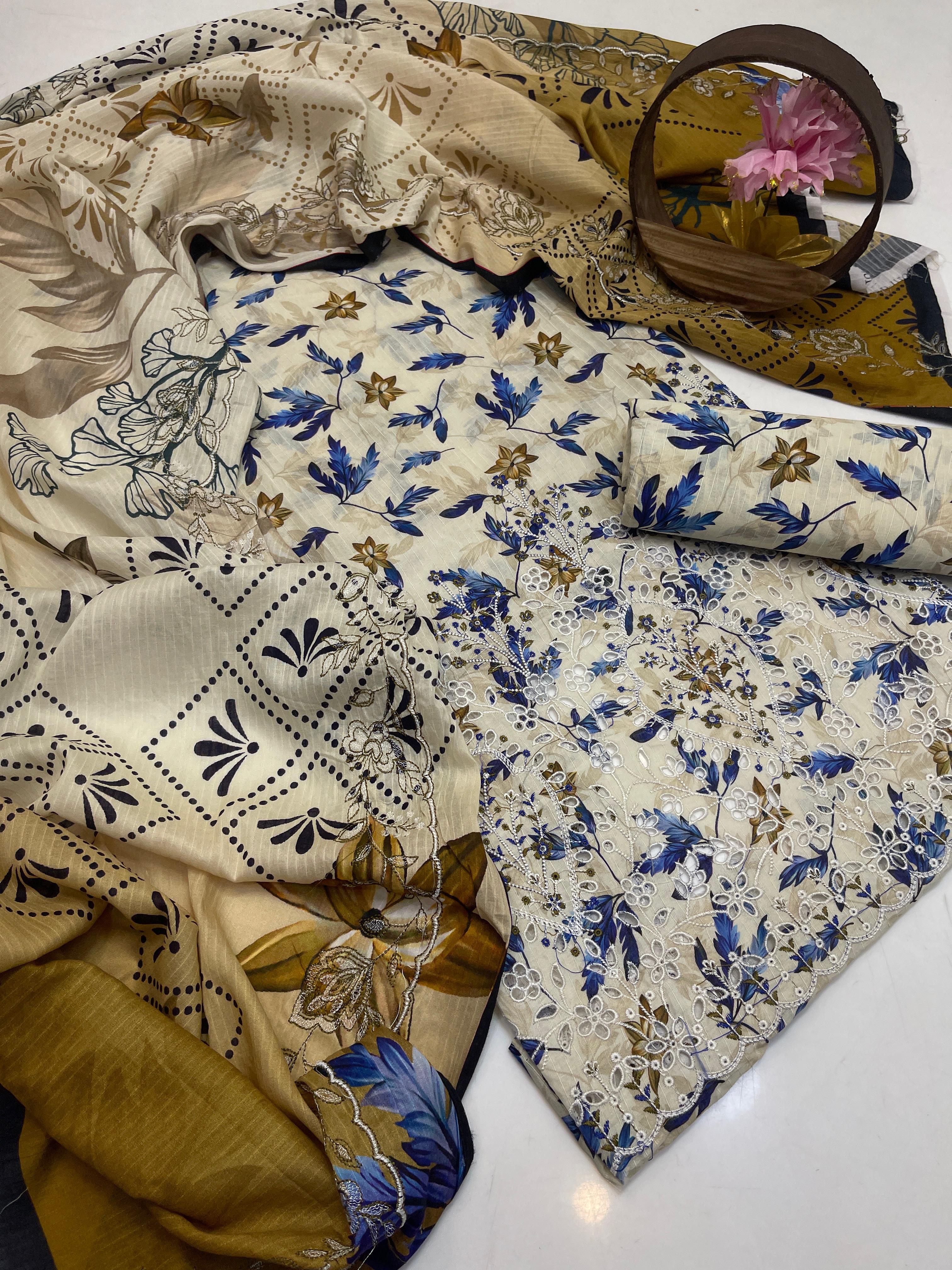 3PC Premium Lawn Digital Print Suit – Poring Daman Embroidered Shirt, Printed & Embroidered Dupatta & Matching Trouser