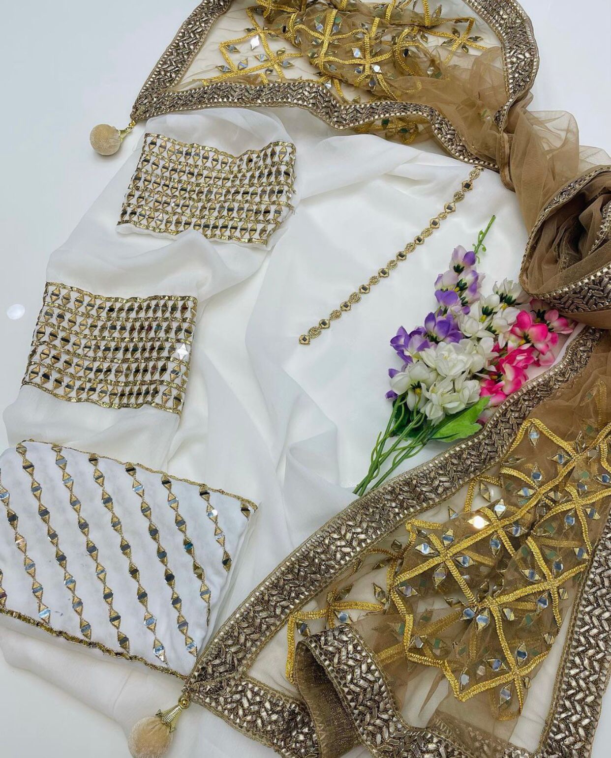 3-Piece Unstitched Wedding Dress – Chiffon Mirror Work Shirt, Kataan Trouser & Net Dupatta
