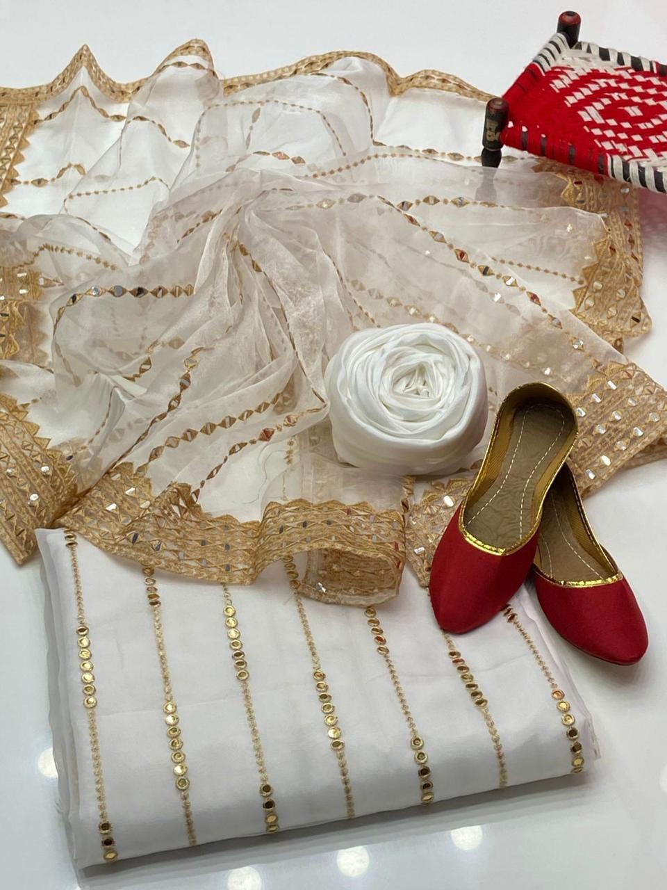 3PC Tissue Embroidered Suit – Organza 9MM Embroidered Shirt, Khatan Trouser & Tissue Dupatta with Khussa